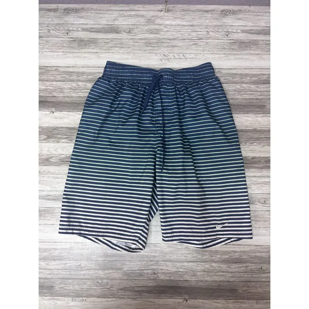 Nike Mens S Swim Board Shorts Navy Green Stripe Drawstring Mesh Lined